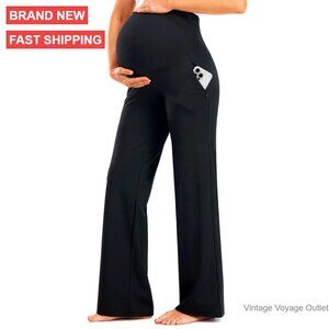 Maternity Wide Leg Yoga Pants with Zippered Pockets Over Belly
